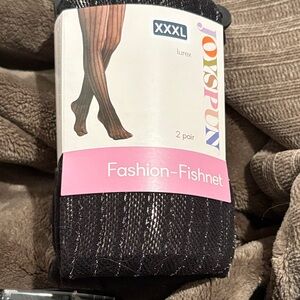 Women’s Joyspun Fashion Fishnet XXXL 2 Pair Blk w Blk Shimmer New